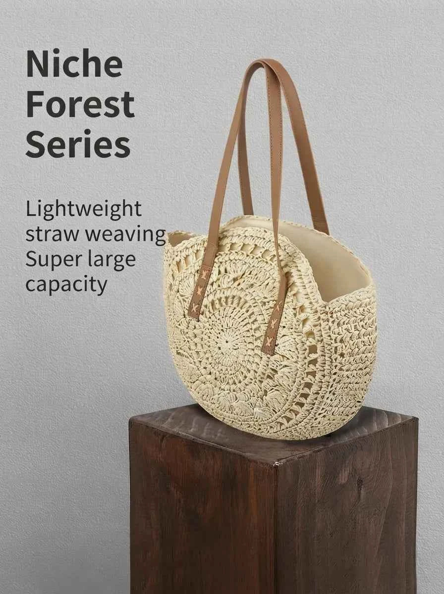 Handcrafted Large Round Straw Tote Bag Summer Beach Vacation Shoulder Purse