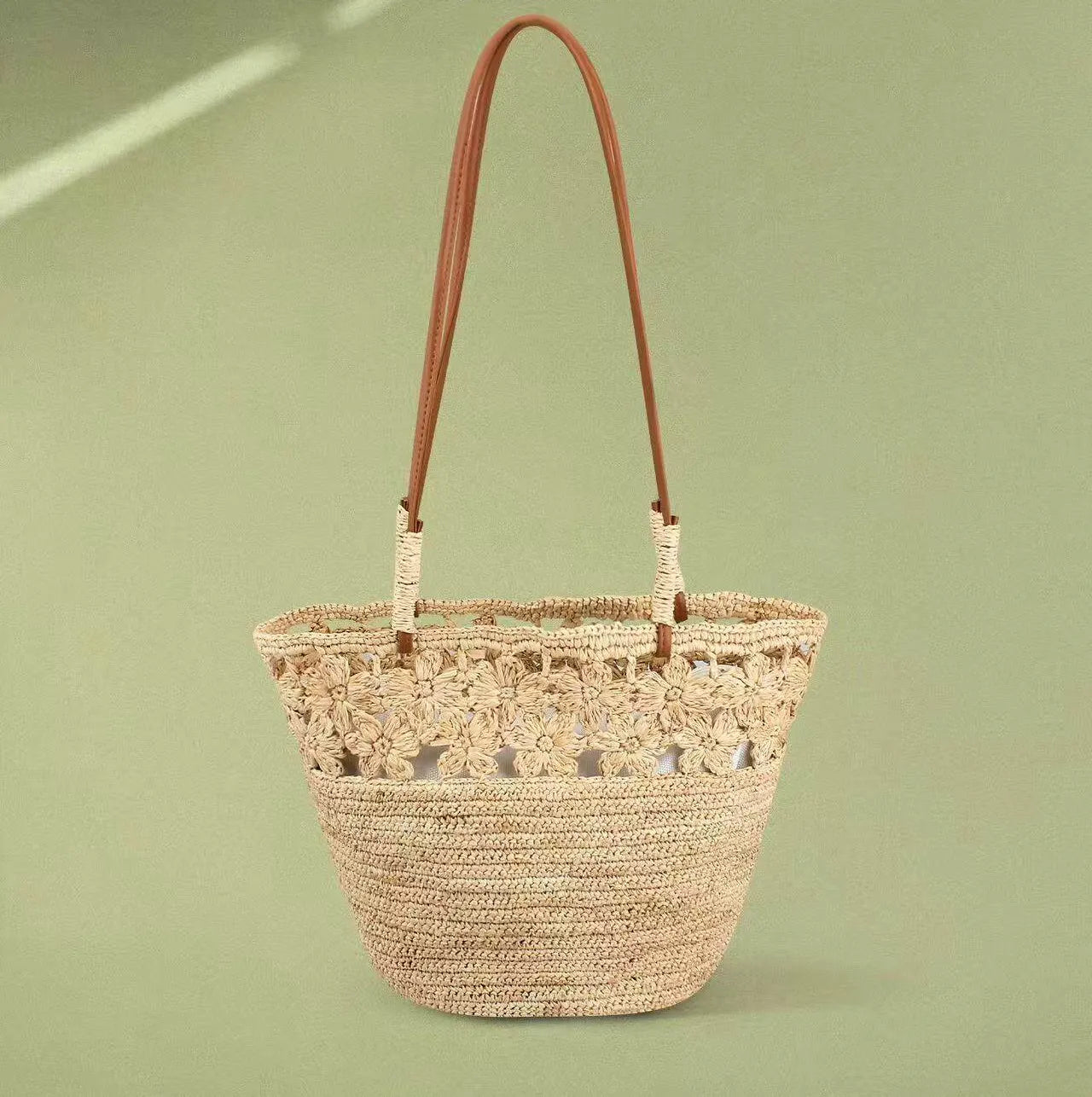 The Riviera Handwoven Floral Raffia Bucket Tote Bag