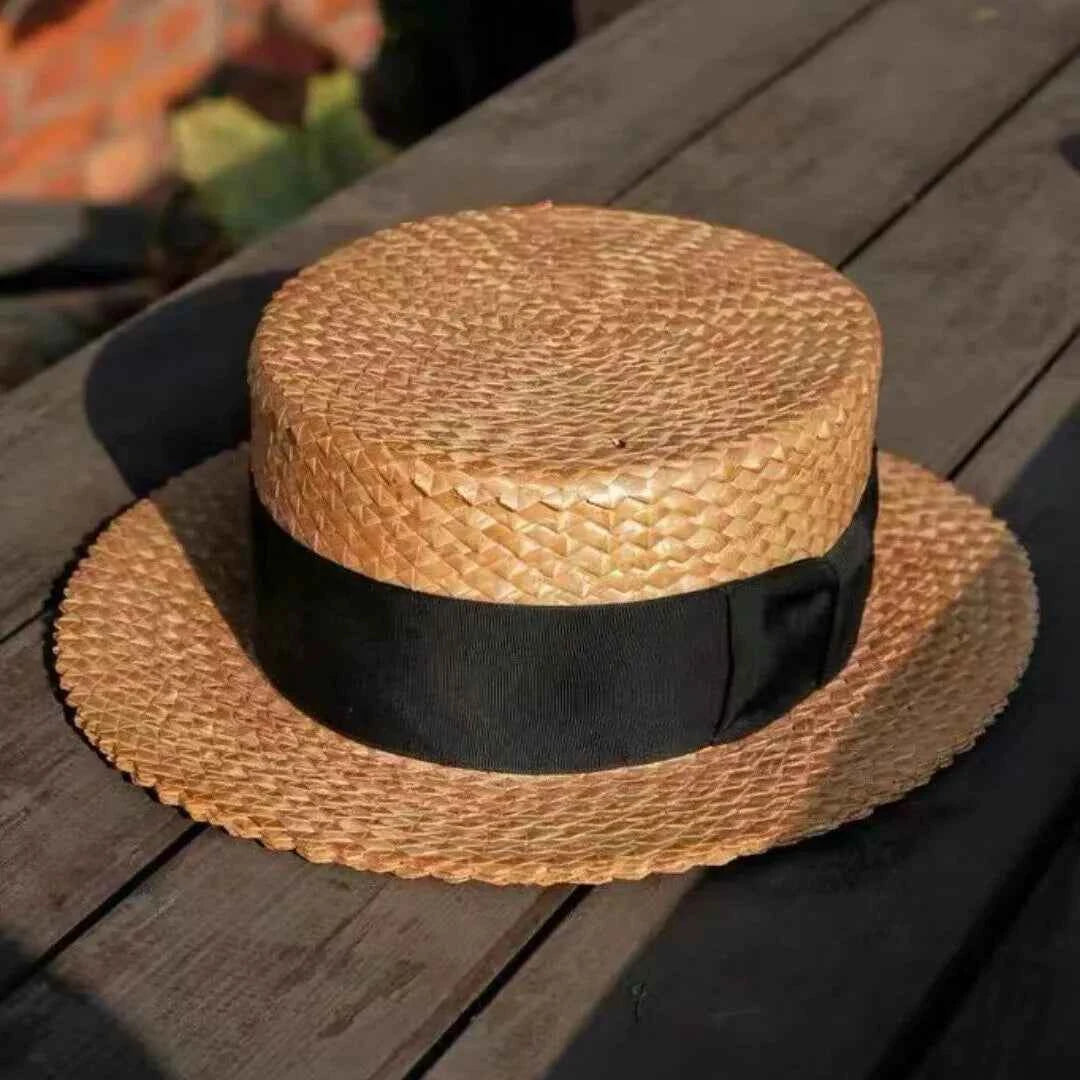 Handwoven Wheat Straw Boater Panama Hat with Wide Brim Sun Protection for Women & Men