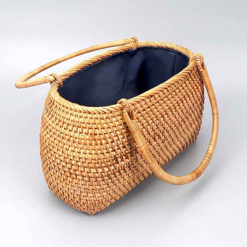 Handwoven Rattan Basket Bag French Vintage Oval Straw Top-Handle Tote