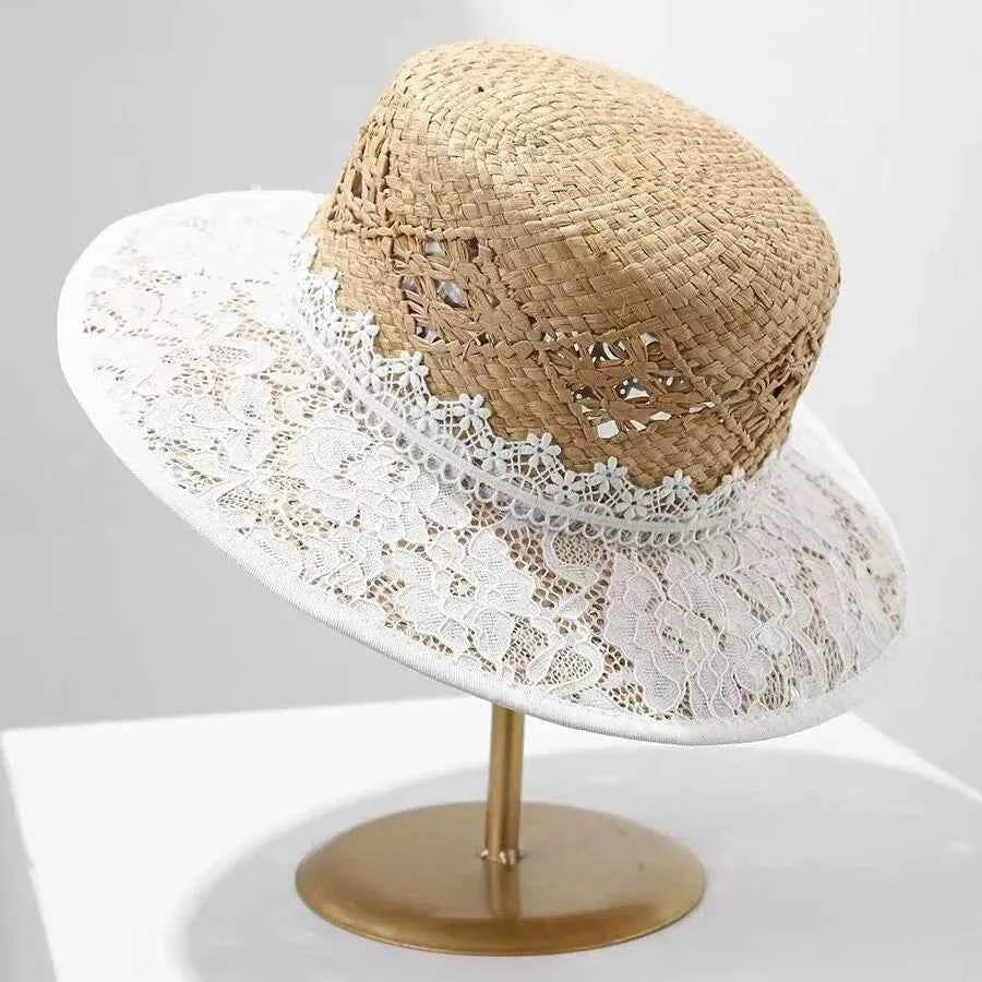 French Elegant Lace Raffia Straw Boater Hat with Wide Brim Sun Protection for Women
