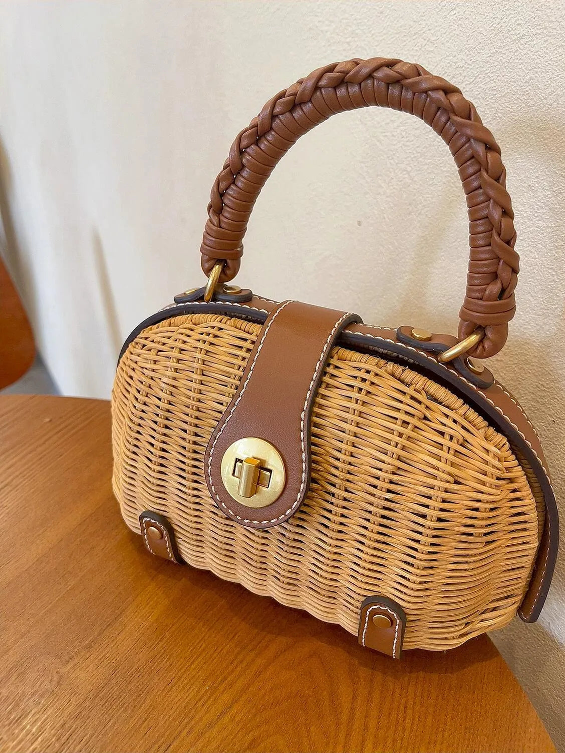 Handcrafted French Vintage Rattan Shell Crossbody Bag - Structured Wicker Basket Purse with Leather Strap & Turnlock