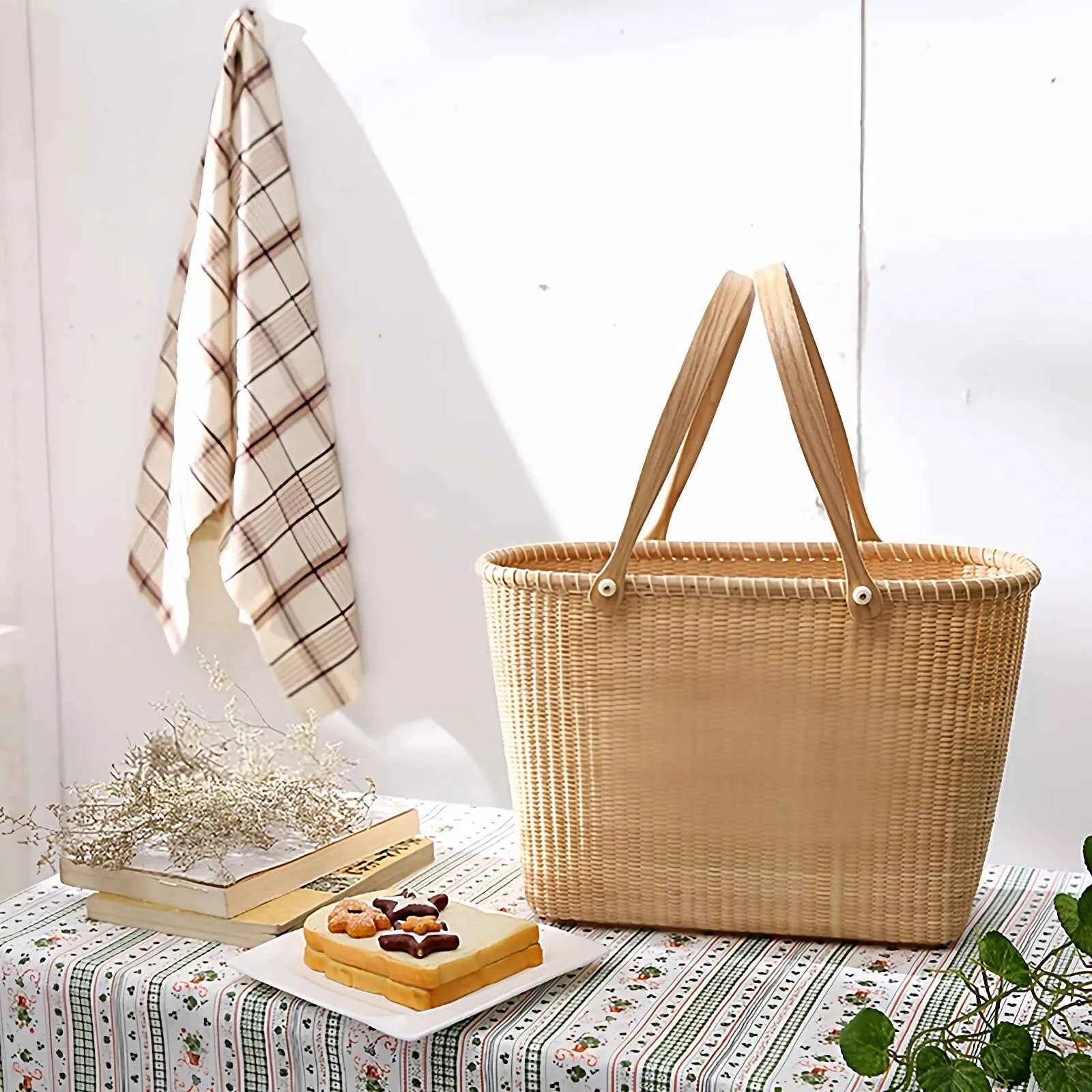 Handcrafted Premium Natural Rattan Basket | Luxury Picnic Tote & Home Storage Organizer with Hardwood Base
