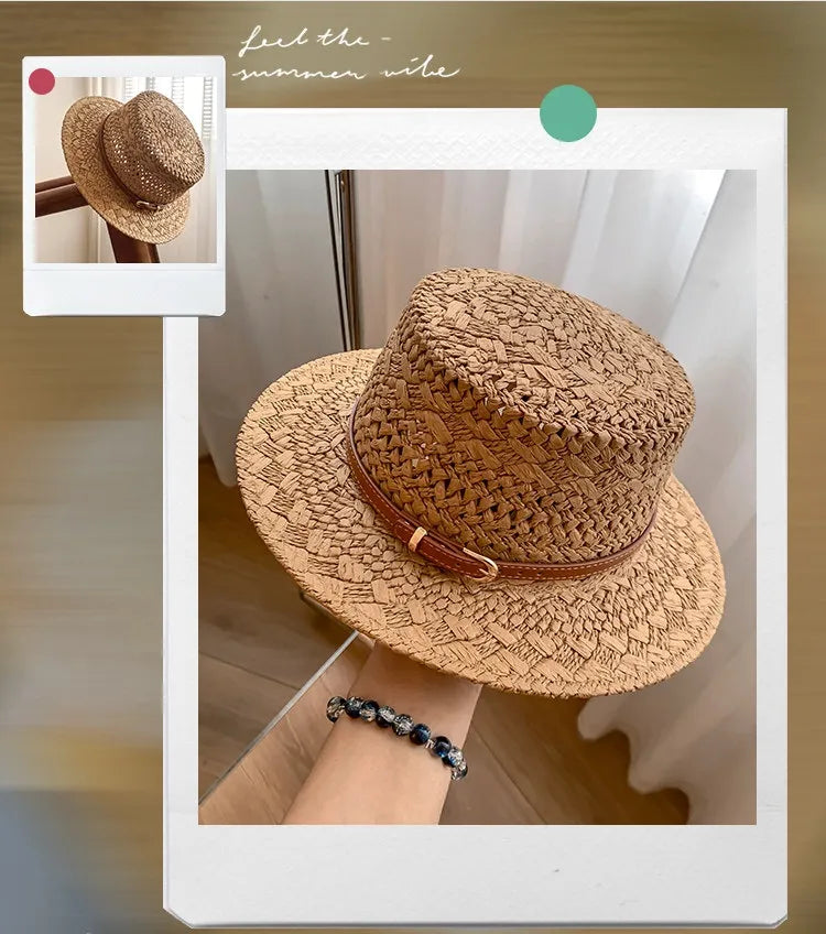 French Vintage Natural Seagrass Straw Hat with Leather Buckle Wide Brim Sun Protection for Women