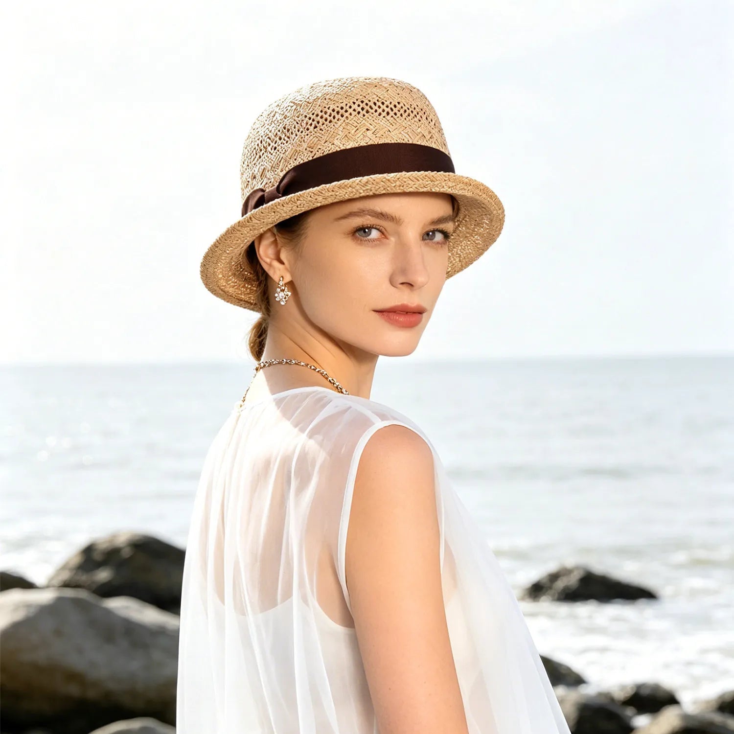 Handcrafted Natural Straw Porkpie Sun Hat | Vintage Rolled Brim Boater Cap with Grosgrain Ribbon - Verdant Bind