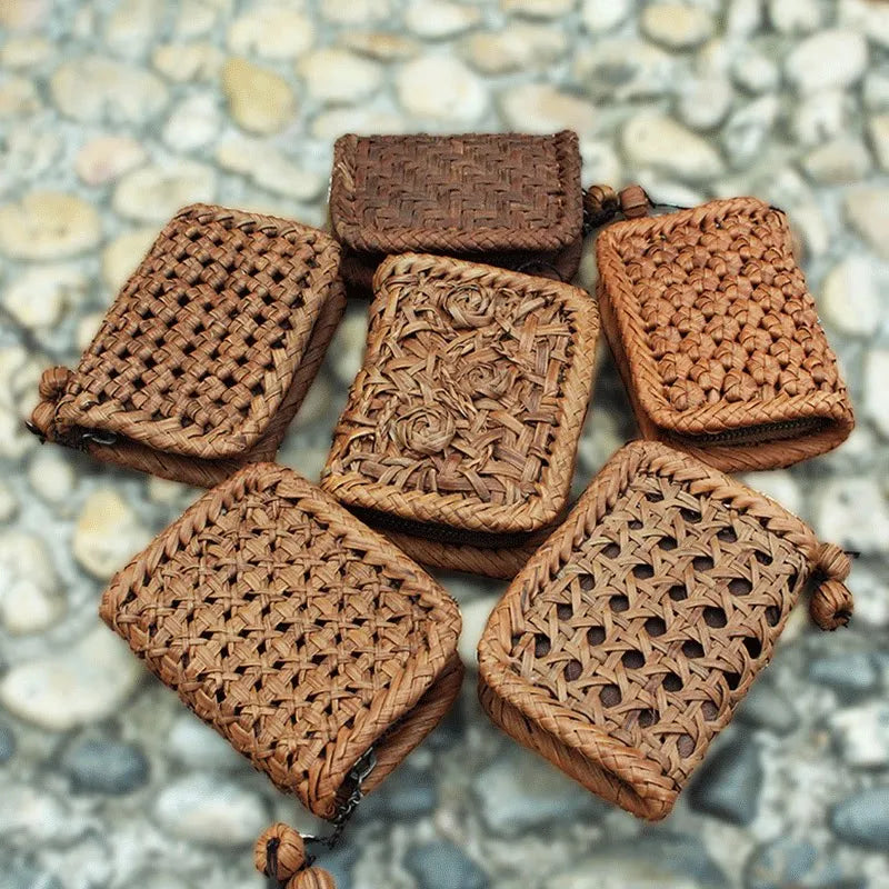 Handcrafted Wild Grapevine Woven Mini Wallet | Zippered Multi-Layer Credit Card Case & Coin Purse with Natural Vine Charm