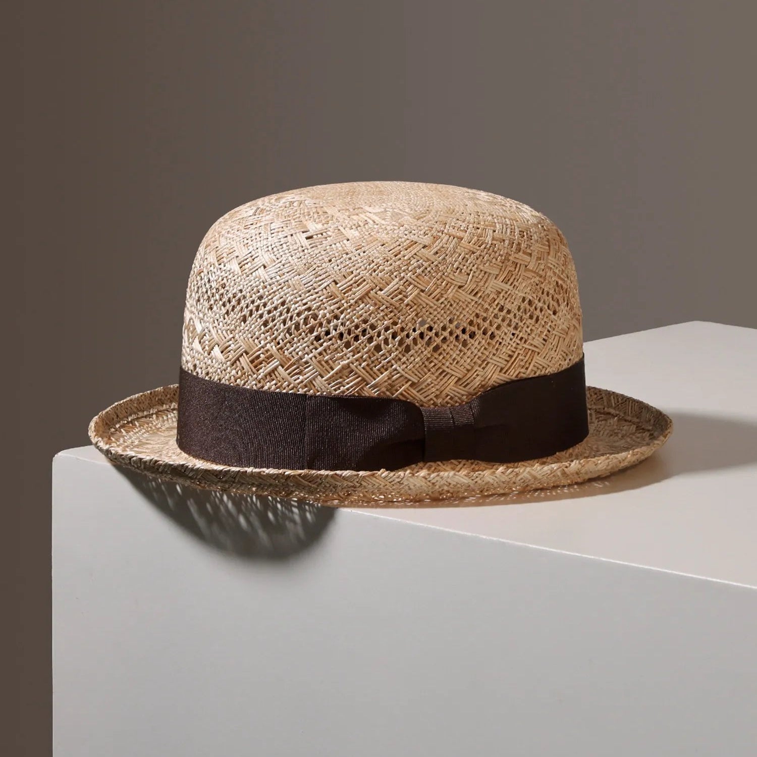 Handcrafted Natural Straw Porkpie Sun Hat | Vintage Rolled Brim Boater Cap with Grosgrain Ribbon - Verdant Bind