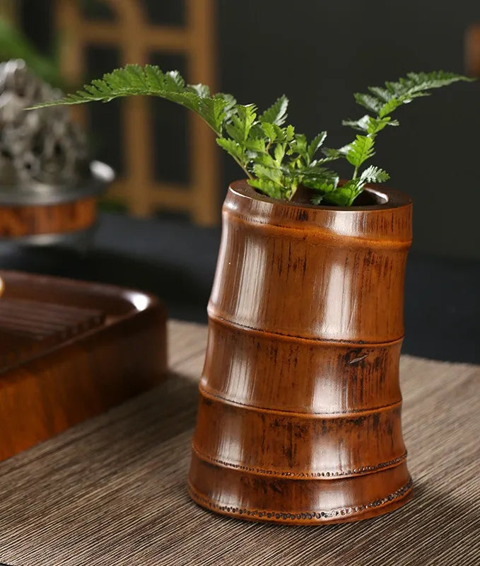 Handcrafted Natural Bamboo Root Flower Vase | Traditional Lacquer Organic Floral Vessel & Wabi-Sabi Plant Holder - Verdant Bi