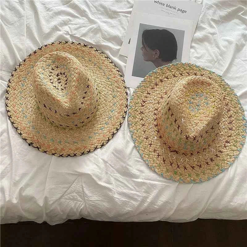 Handcrafted Natural Raffia Fedora Sun Hat | Colorful Cross-Stitch Embroidery Beach Cap & Adjustable Boho Panama Hat