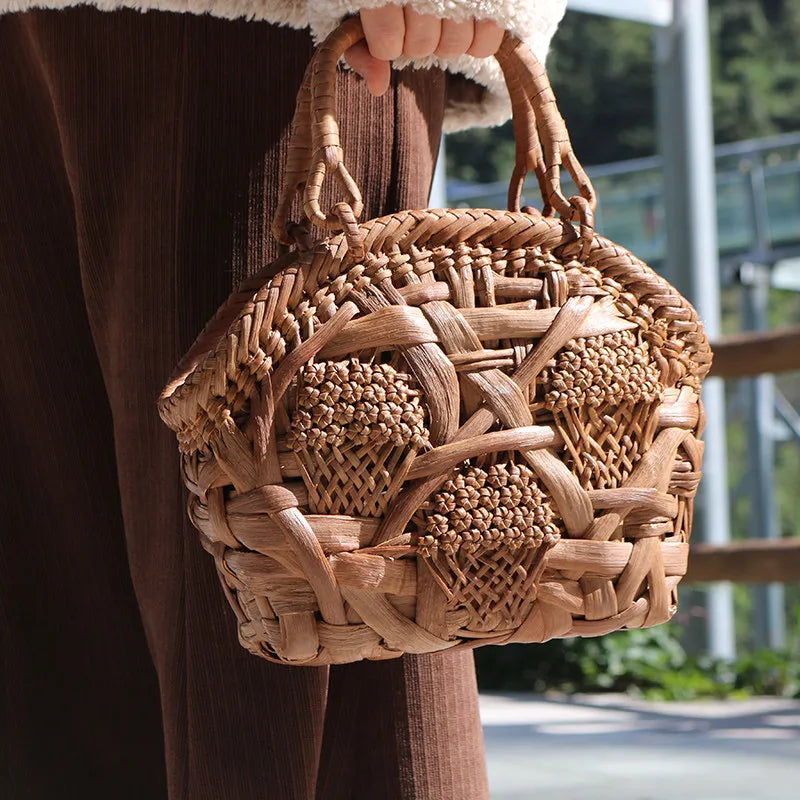 Handcrafted Wild Grapevine Shell Basket Bag - Luxury Yamabudo Woven Tote with Linen Liner - Verdant Bind