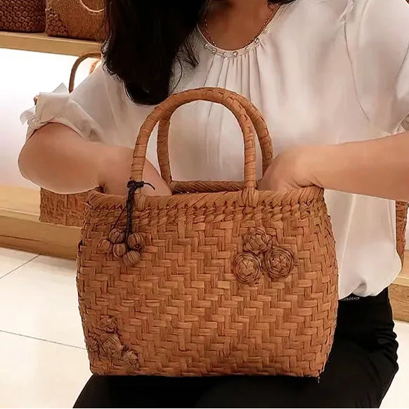 Handcrafted Wild Grapevine Woven Tote Bag | 3D Floral Accent Mountain Vine Basket Purse & Wabi-Sabi Luxury Handbag