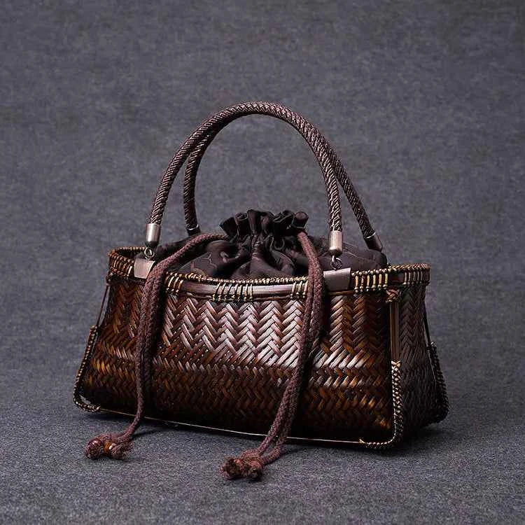 Handcrafted Boat-Shaped Bamboo Tote Bag with Drawstring Lining Vintage Woven Basket Handbag for Women