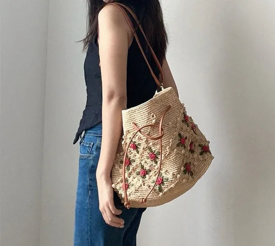 The Tuscan Romantic Crochet Rose Raffia Bucket Bag - Verdant Bind