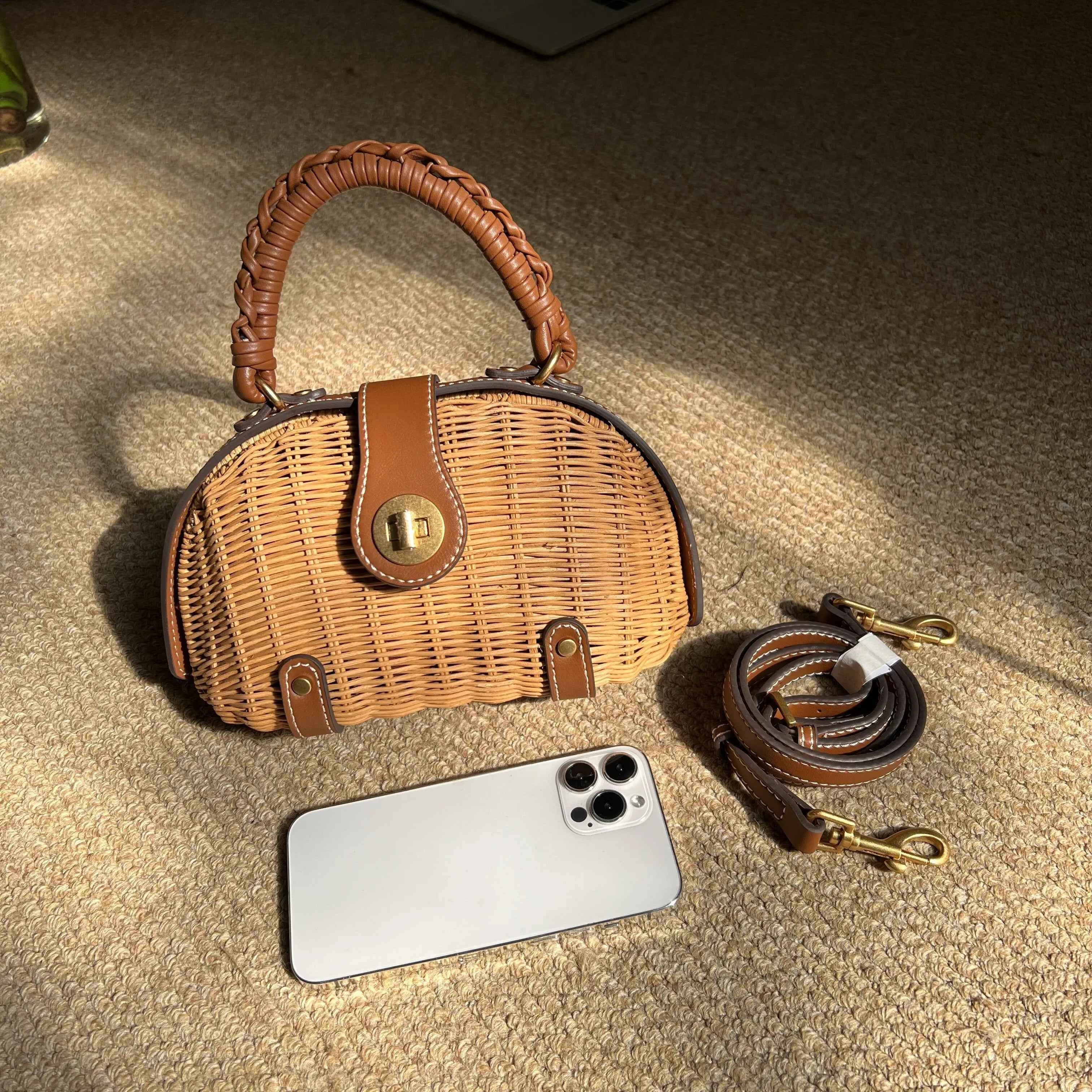 Handcrafted French Vintage Rattan Shell Crossbody Bag - Structured Wicker Basket Purse with Leather Strap & Turnlock