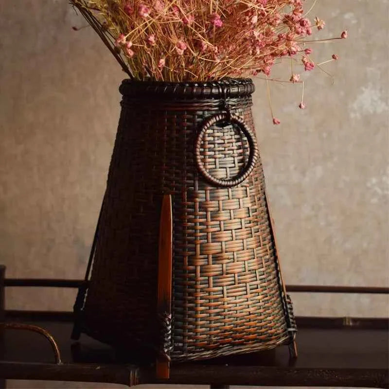 Handcrafted Woven Bamboo Flower Vase with Inner Water Container | Traditional Dark Lacquer Tabletop Floral Vessel
