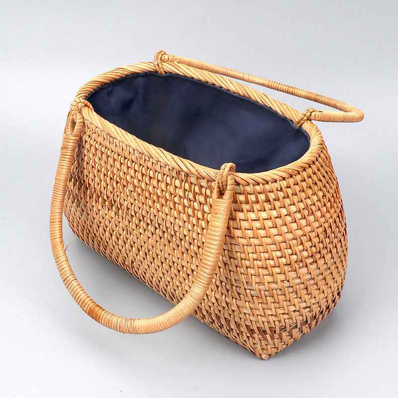 Handwoven Rattan Basket Bag French Vintage Oval Straw Top-Handle Tote