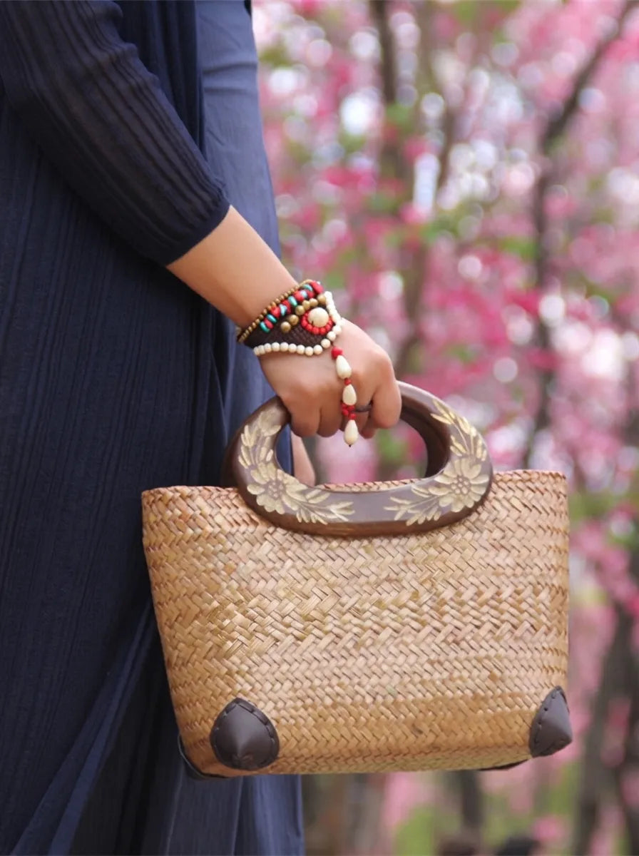 The Bali Vintage Carved Wooden Handle Seagrass Tote Bag - Verdant Bind