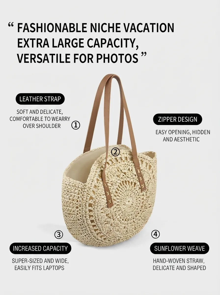 Handcrafted Large Round Straw Tote Bag Summer Beach Vacation Shoulder Purse