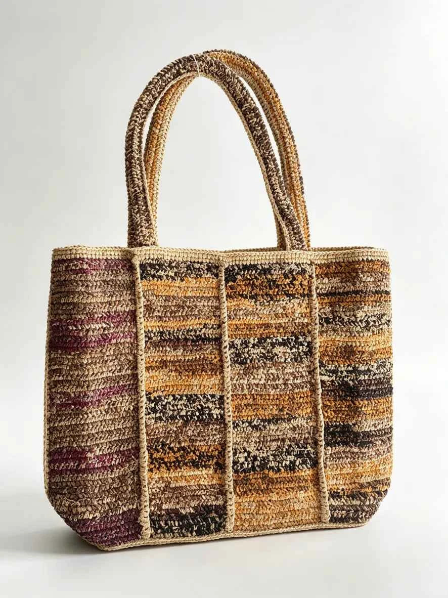 Handcrafted 100% Natural Raffia Tote Bag | Vintage Striped Panel Summer Beach & Commuter Purse