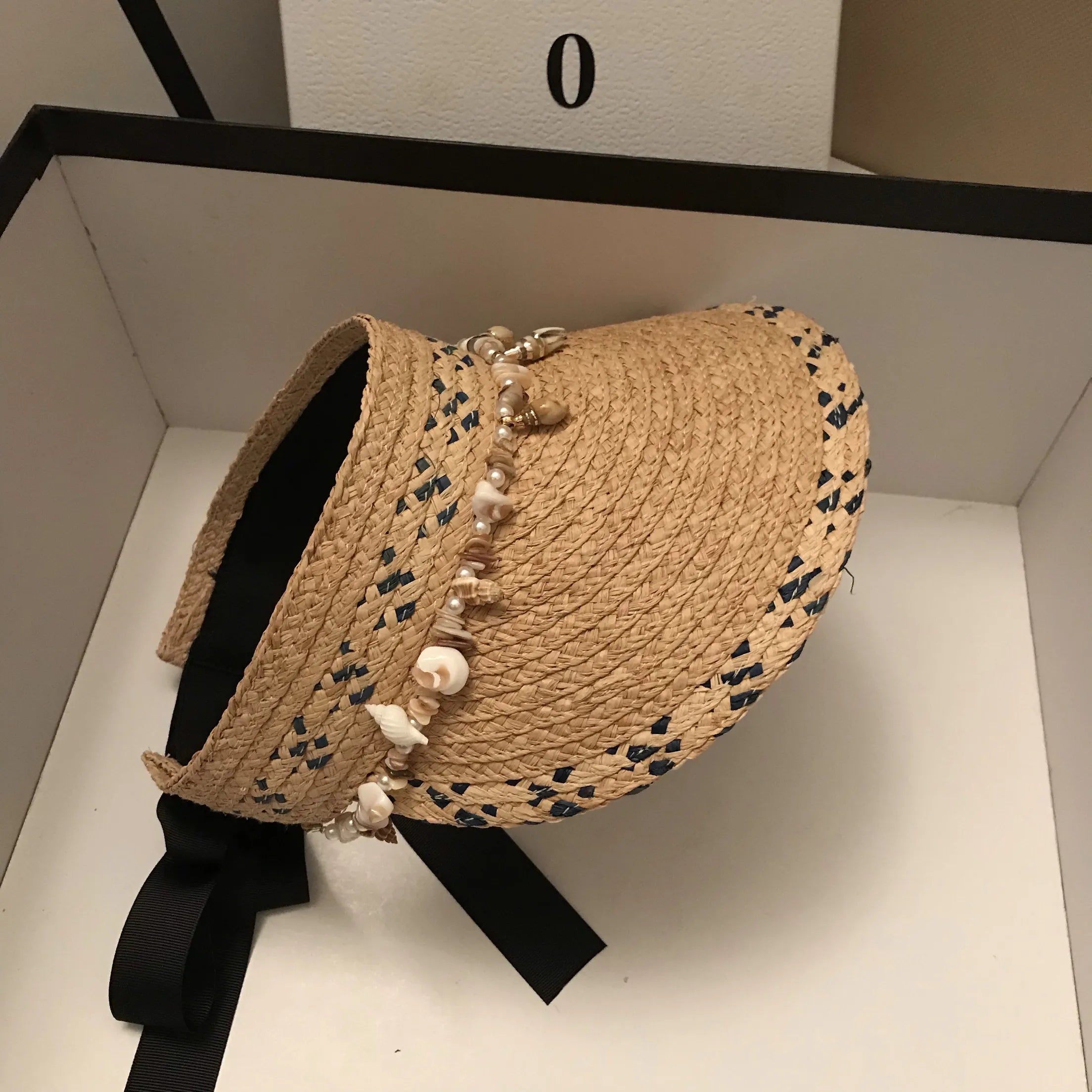 Handcrafted Seashell Raffia Visor Hat | One Size Adjustable Empty Top Straw Sun Cap for Beach Vacation