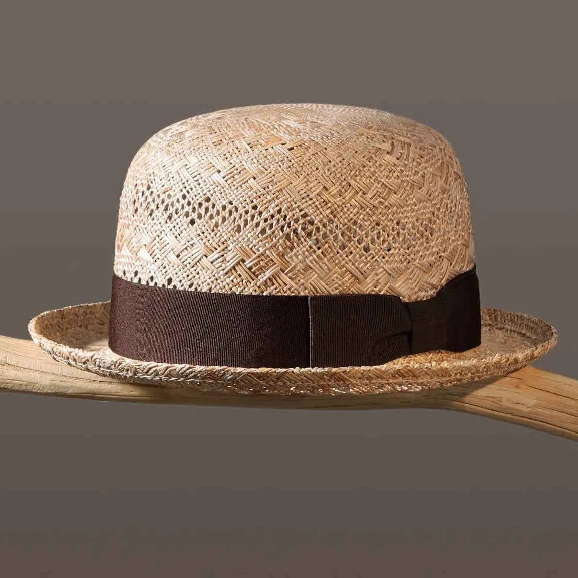 Handcrafted Natural Straw Porkpie Sun Hat | Vintage Rolled Brim Boater Cap with Grosgrain Ribbon