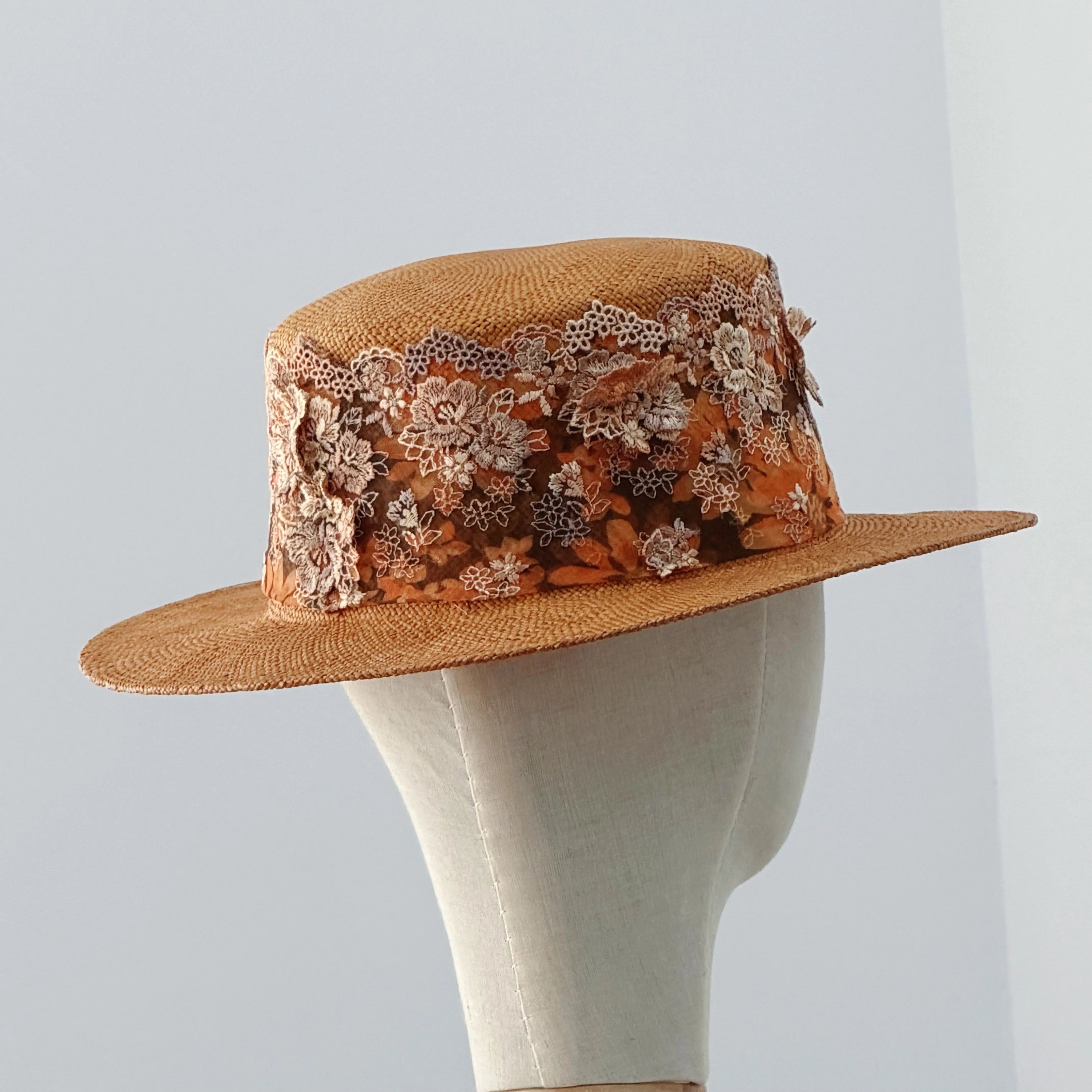 Handcrafted Vintage Flat Top Boater Hat Luxury Bao Straw Sun Fedora with Intricate 3D Floral Lace Trim