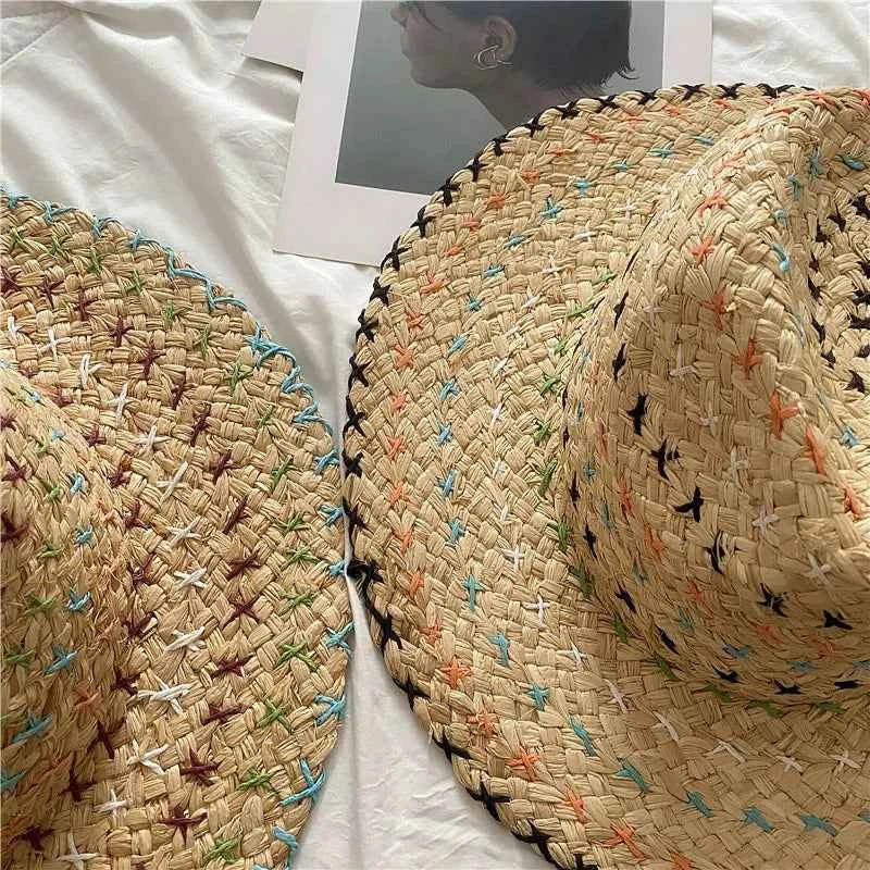 Handcrafted Natural Raffia Fedora Sun Hat | Colorful Cross-Stitch Embroidery Beach Cap & Adjustable Boho Panama Hat
