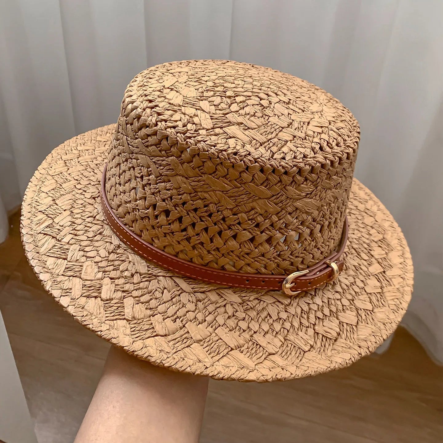 French Vintage Natural Seagrass Straw Hat with Leather Buckle Wide Brim Sun Protection for Women