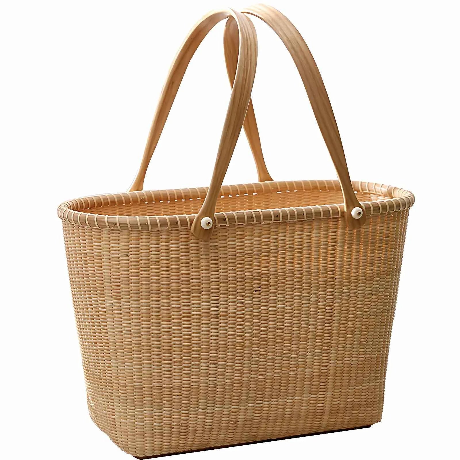 Handcrafted Premium Natural Rattan Basket | Luxury Picnic Tote & Home Storage Organizer with Hardwood Base
