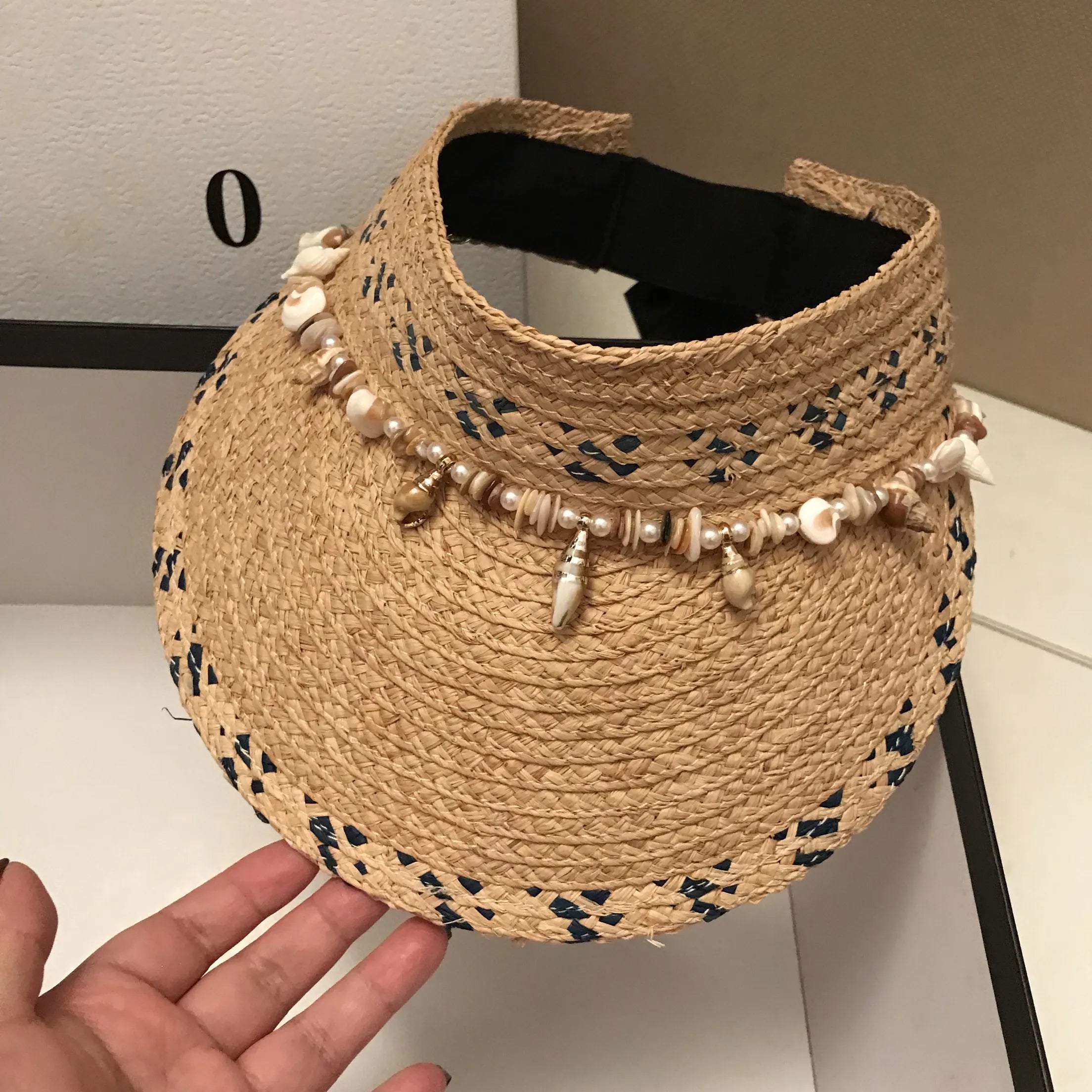 Handcrafted Seashell Raffia Visor Hat | One Size Adjustable Empty Top Straw Sun Cap for Beach Vacation