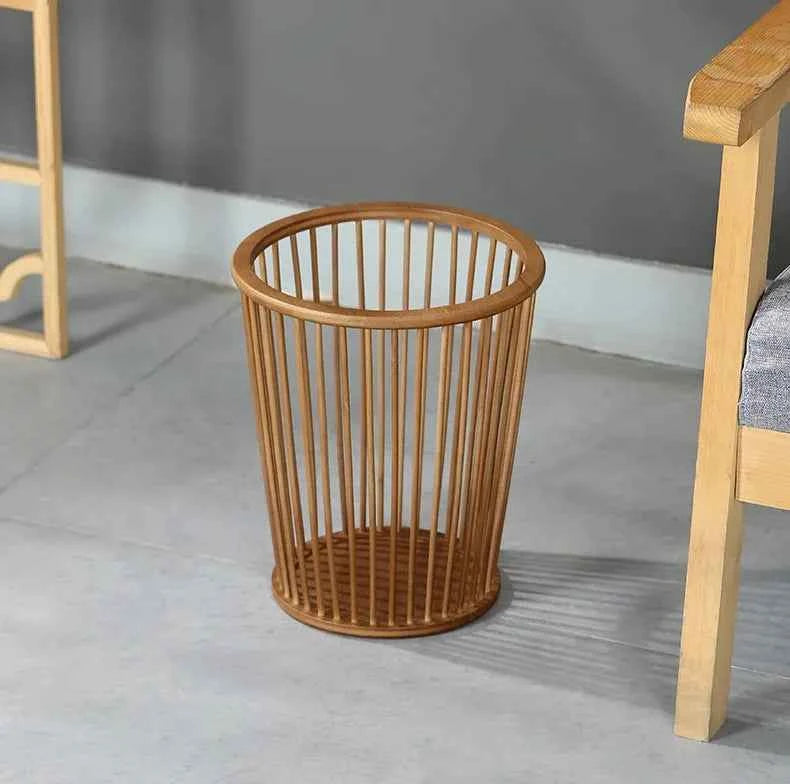 Handcrafted Natural Bamboo Wastebasket | Round Slatted Paper Trash Can & Storage Basket