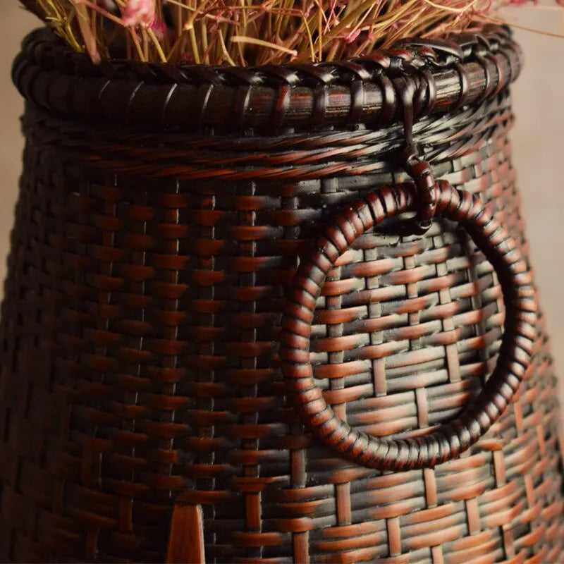 Handcrafted Woven Bamboo Flower Vase with Inner Water Container | Traditional Dark Lacquer Tabletop Floral Vessel - Verdant B