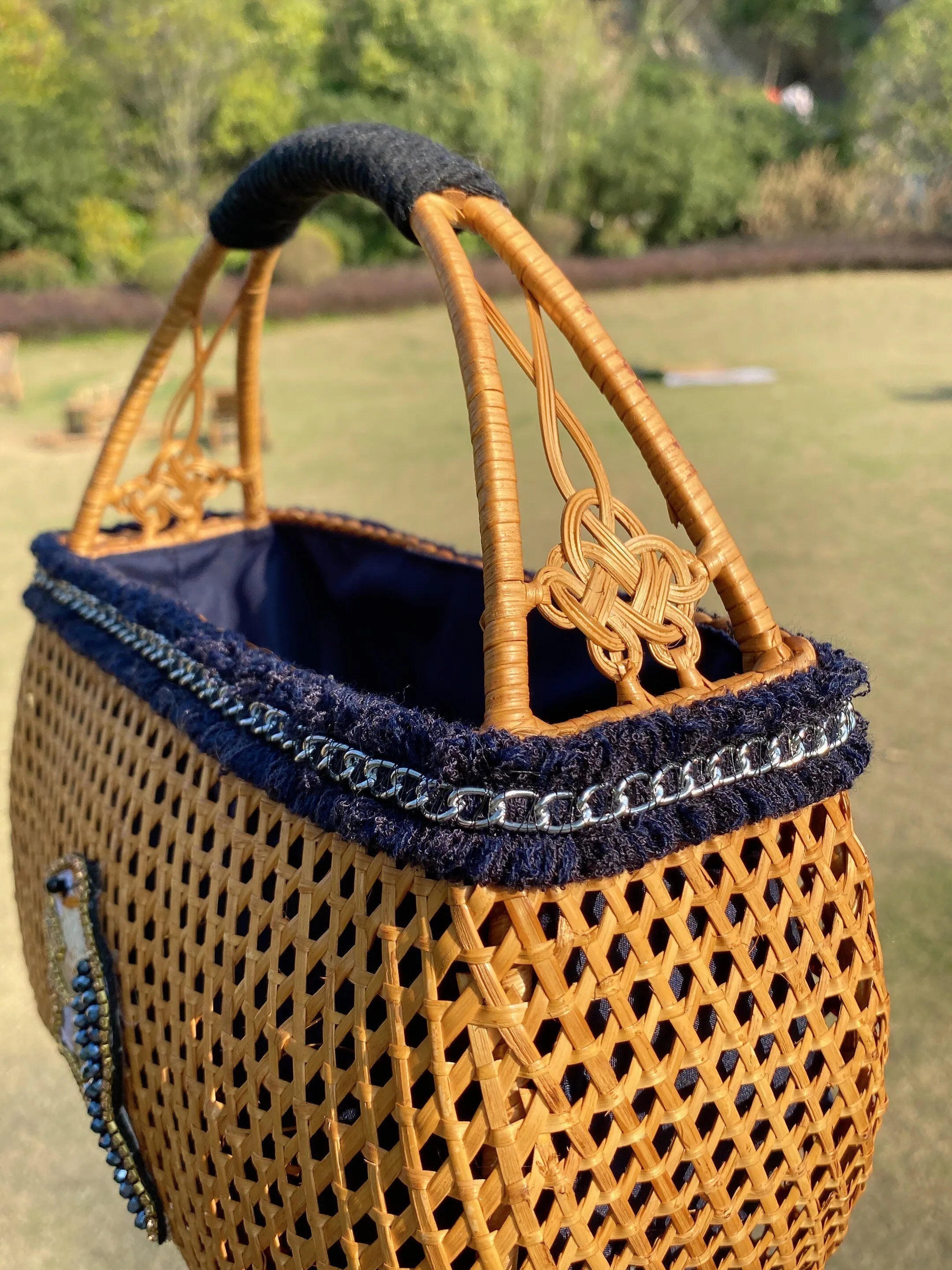 The Secret Garden Embroidered Squirrel Rattan Tote Bag - Verdant Bind