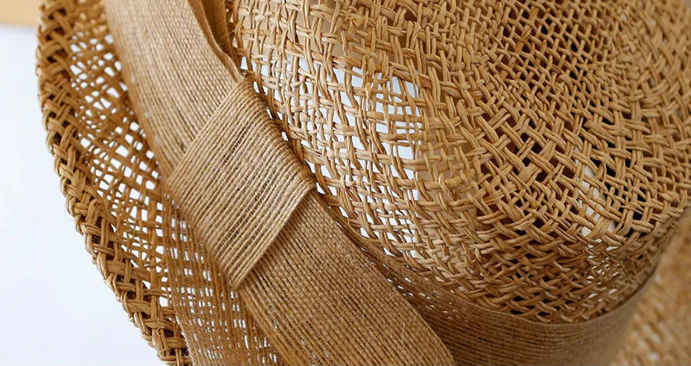 Handwoven Raffia Straw Boater Hat with Hollow Out Twist Knit and Jute Bow Trim for Women - Verdant Bind