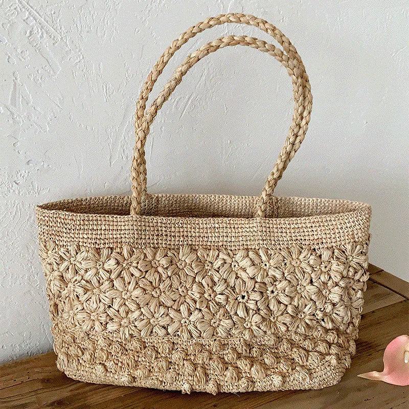 Handcrafted Floral Motif Raffia Tote Bag - Luxury Straw Shoulder Purse & Summer Crochet Satchel - Verdant Bind