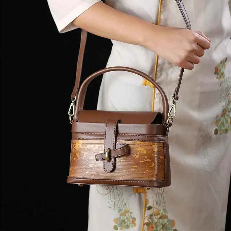 Handcrafted Mottled Bamboo and Genuine Leather Crossbody Bag Vintage Square Box Tote for Women