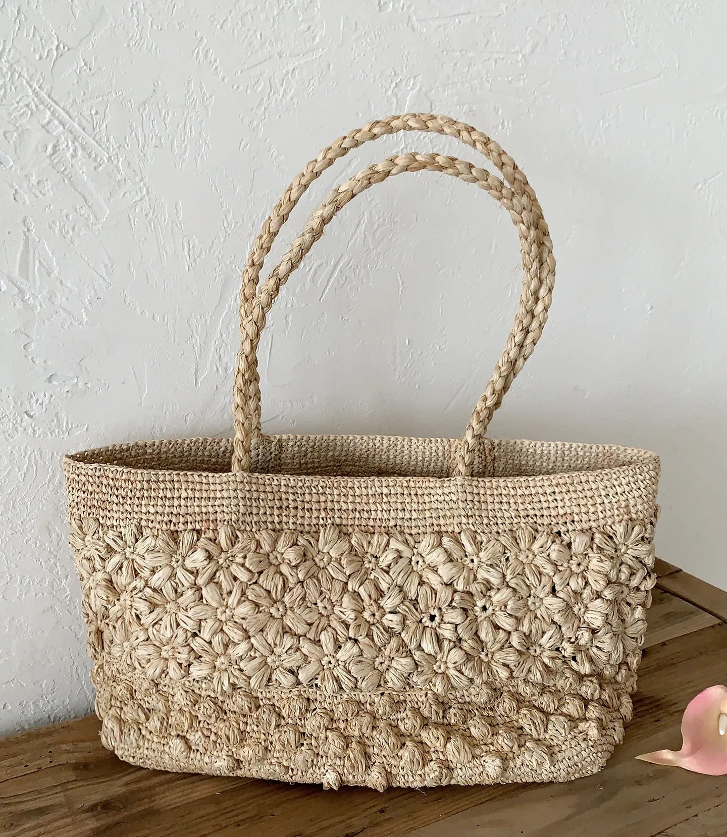 Handcrafted Floral Motif Raffia Tote Bag - Luxury Straw Shoulder Purse & Summer Crochet Satchel - Verdant Bind