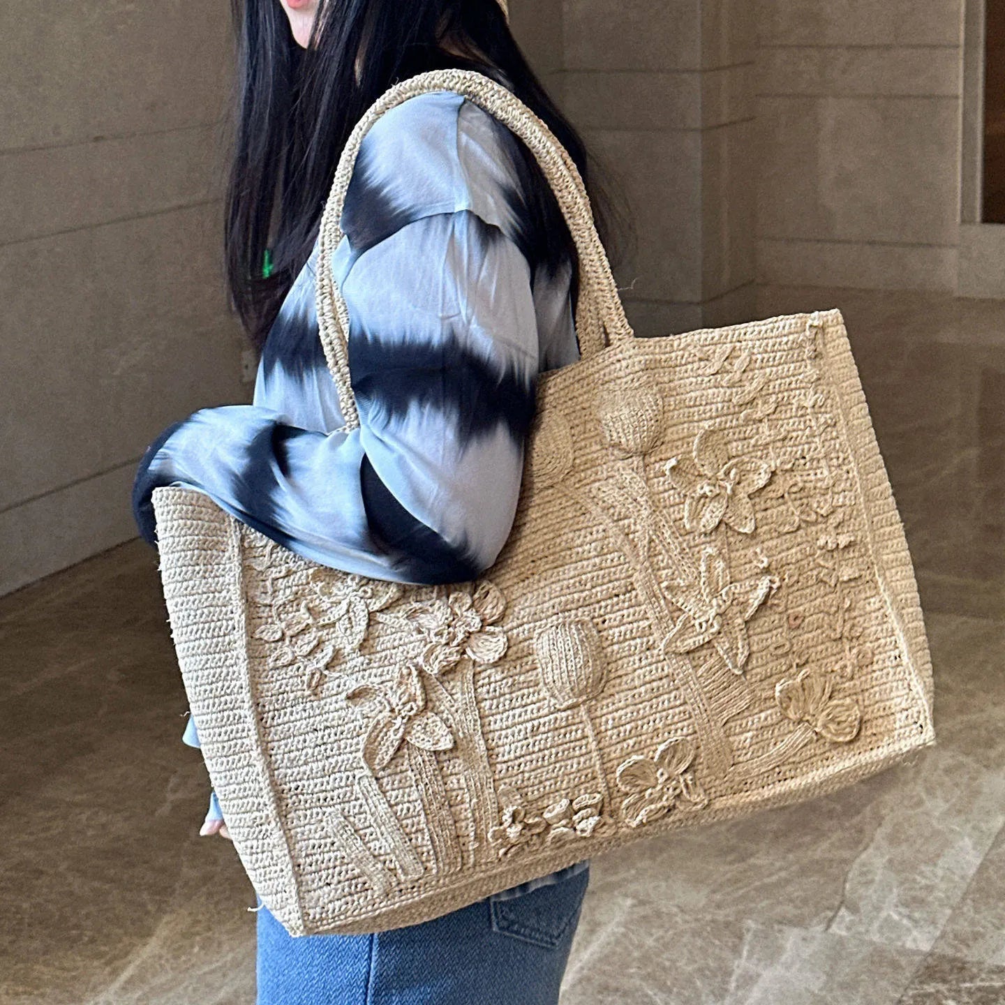Handcrafted 100% Natural Raffia Tote Bag | 3D Floral Crochet Summer Beach Purse