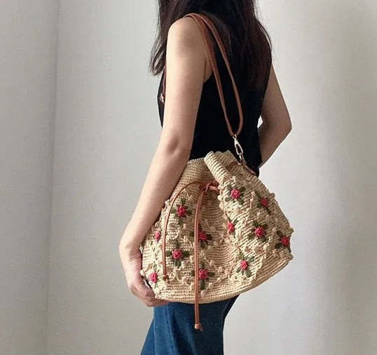 The Tuscan Romantic Crochet Rose Raffia Bucket Bag - Verdant Bind