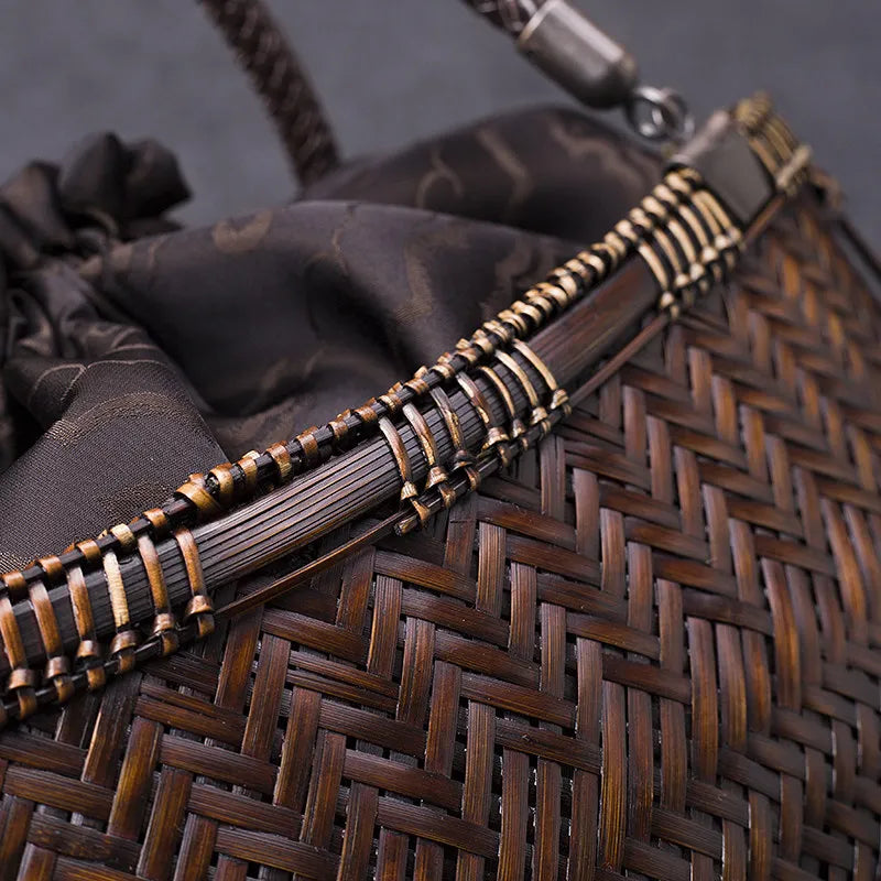 Handcrafted Boat-Shaped Bamboo Tote Bag with Drawstring Lining Vintage Woven Basket Handbag for Women