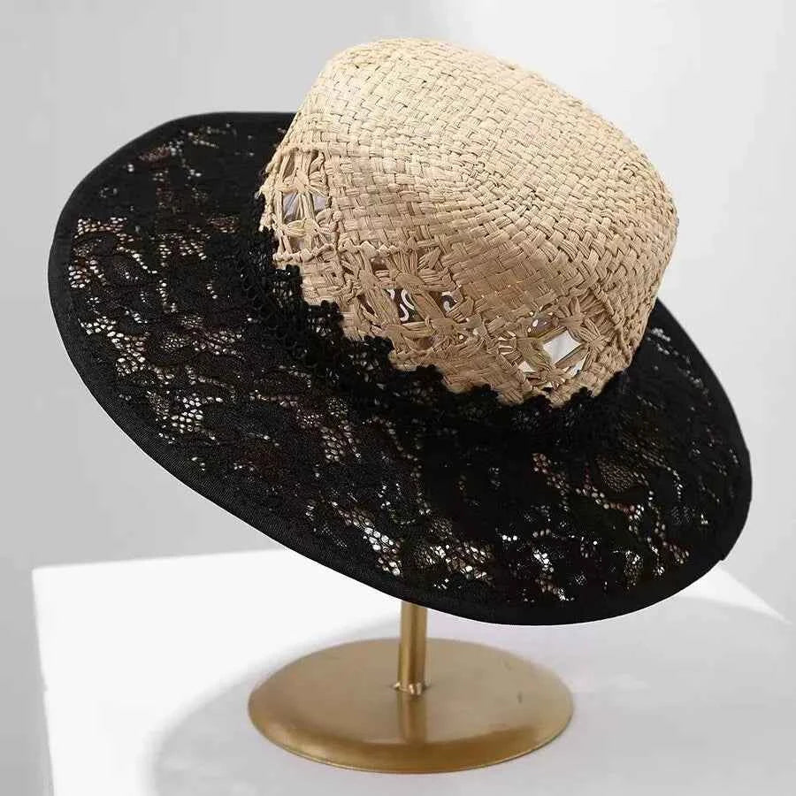 French Elegant Lace Raffia Straw Boater Hat with Wide Brim Sun Protection for Women