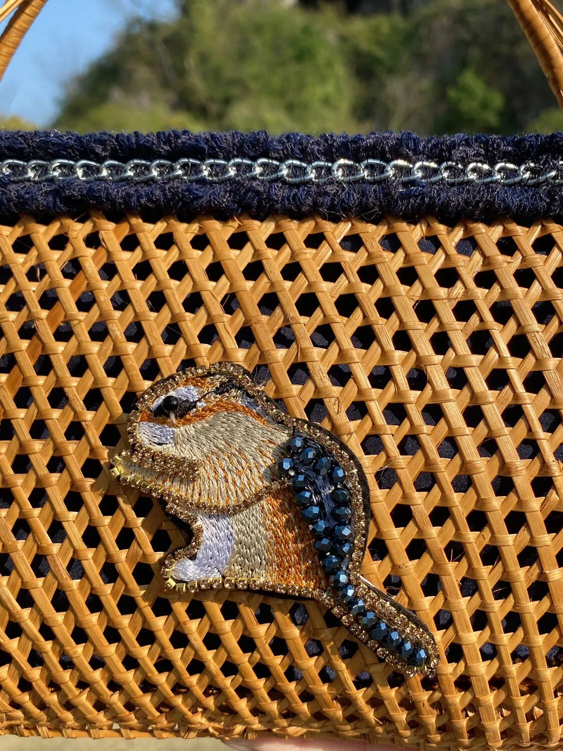 The Secret Garden Embroidered Squirrel Rattan Tote Bag - Verdant Bind
