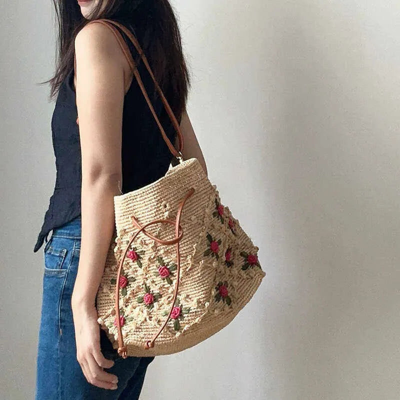 The Tuscan Romantic Crochet Rose Raffia Bucket Bag - Verdant Bind