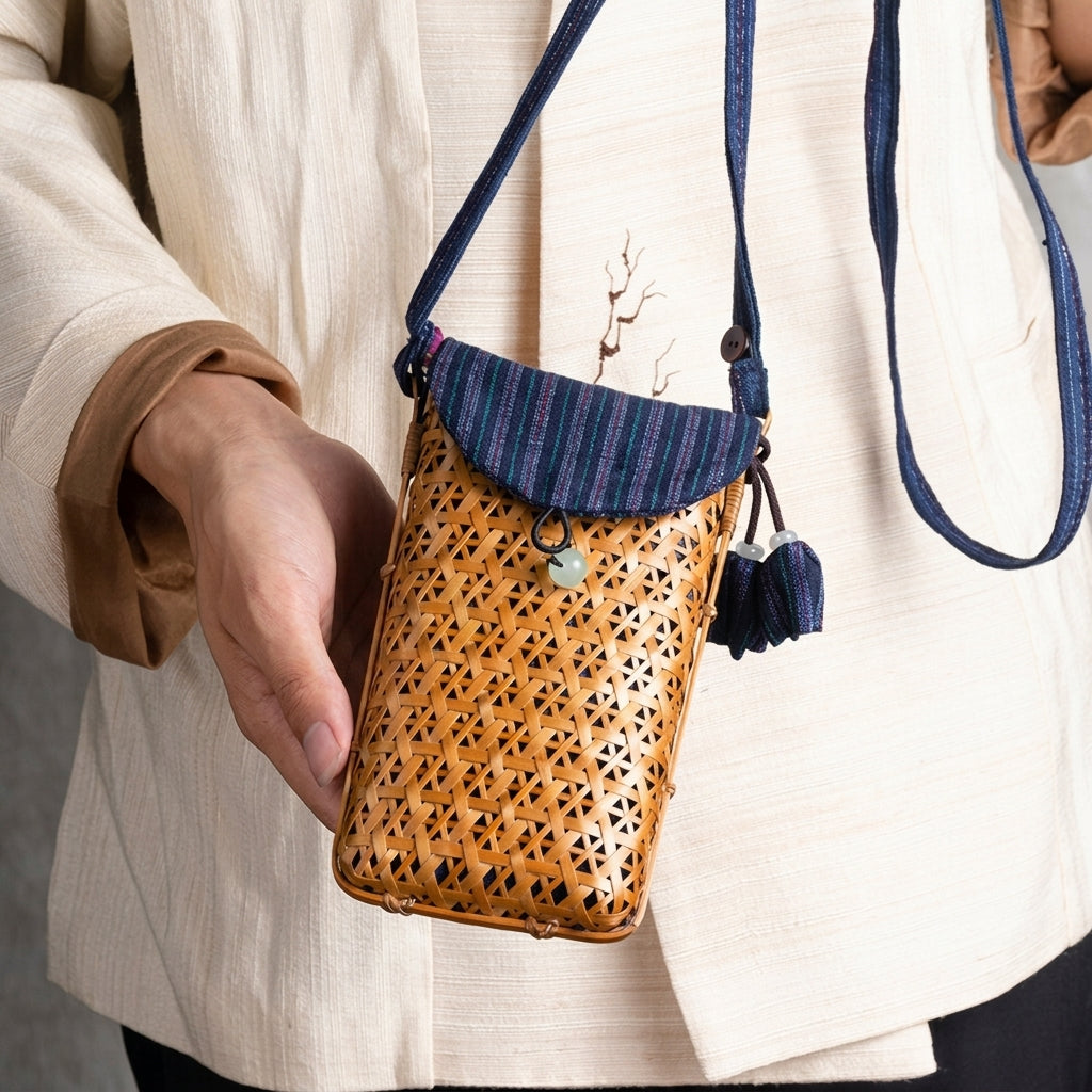 Handwoven Bamboo Crossbody Phone Bag with Vintage Fabric Flap & Jade Detail