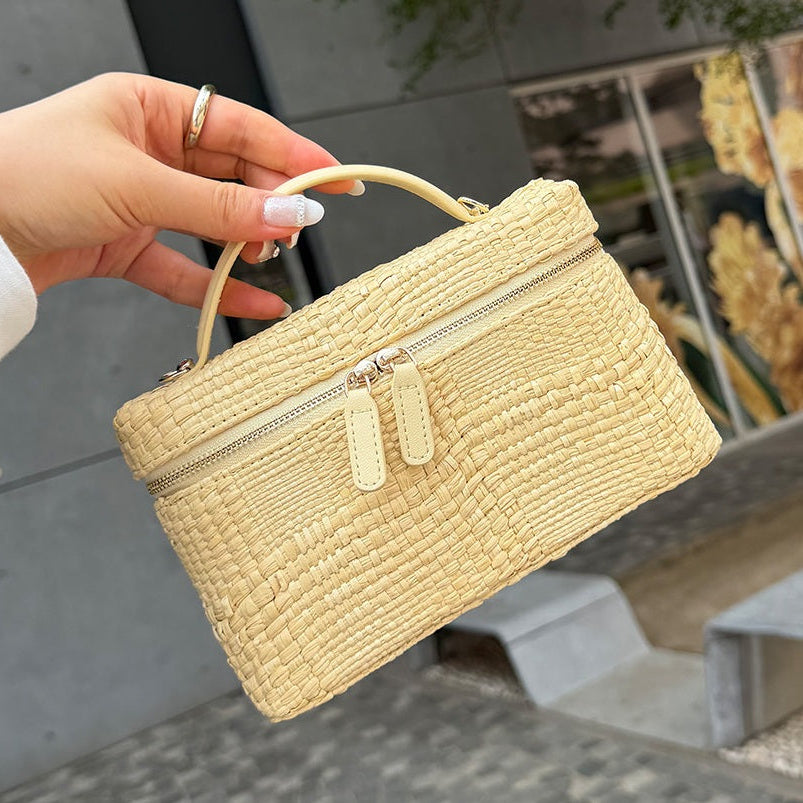 Woven Raffia Top-Handle Handbag Detachable Leather Chain Strap Purse