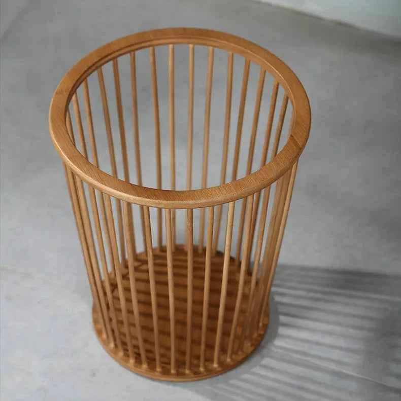 Handcrafted Natural Bamboo Wastebasket | Round Slatted Paper Trash Can & Storage Basket