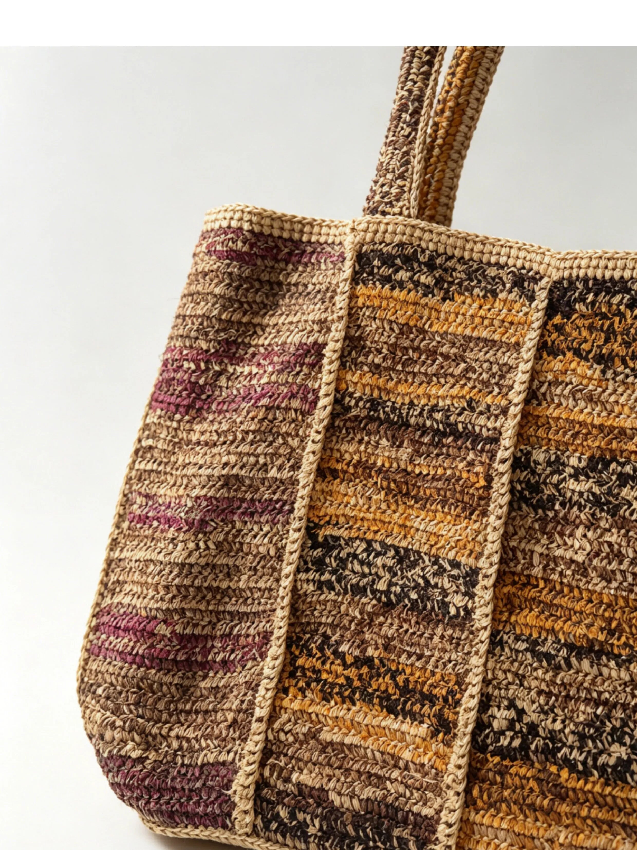 Handcrafted 100% Natural Raffia Tote Bag | Vintage Striped Panel Summer Beach & Commuter Purse