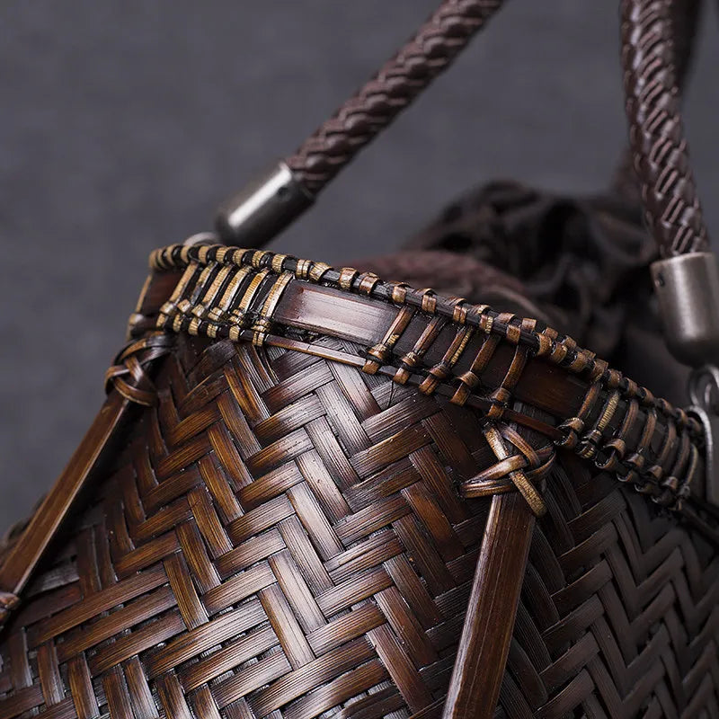 Handcrafted Boat-Shaped Bamboo Tote Bag with Drawstring Lining Vintage Woven Basket Handbag for Women