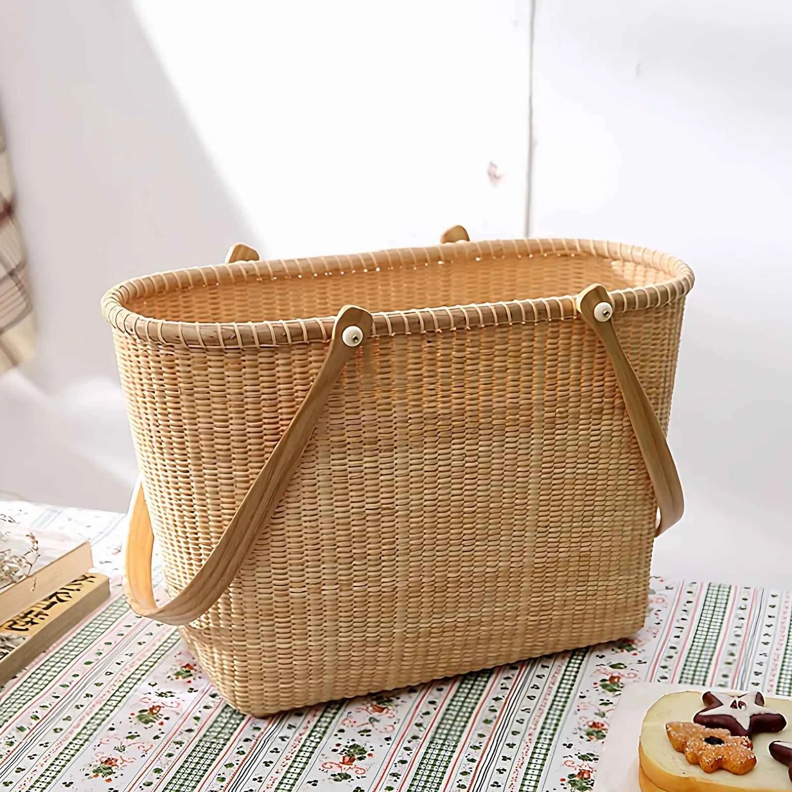 Handcrafted Premium Natural Rattan Basket | Luxury Picnic Tote & Home Storage Organizer with Hardwood Base