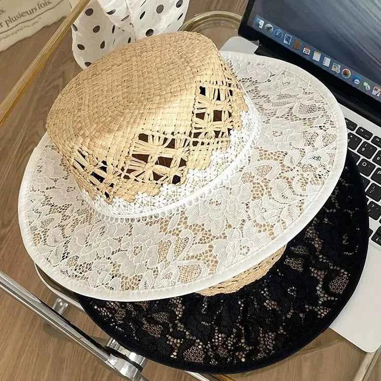 French Elegant Lace Raffia Straw Boater Hat with Wide Brim Sun Protection for Women